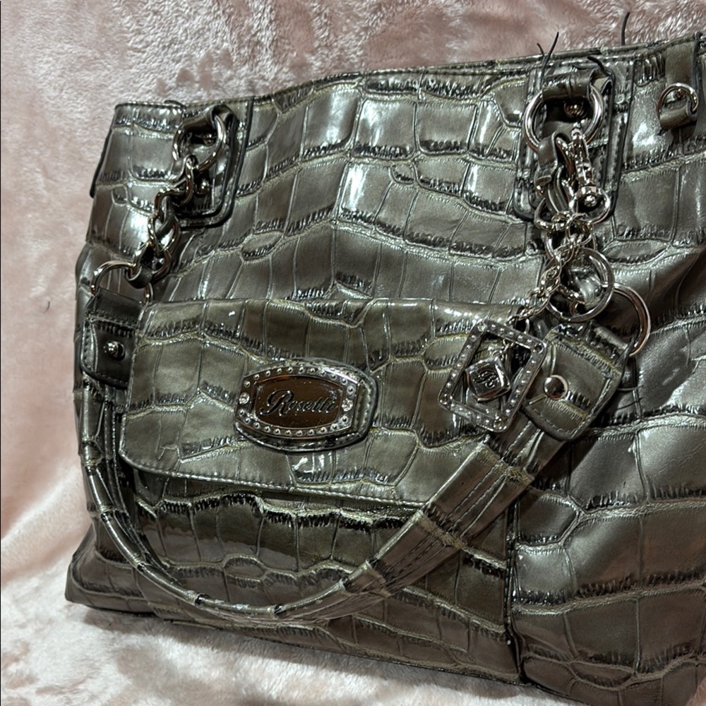 Rosetti Metallic Croc-Embossed Shoulder Bag in Silver